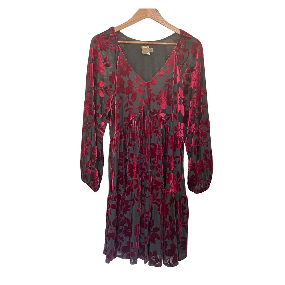 Taylor Floral Velvet Burnout Women Dress 16 Burgundy Black V-Neck Tiered Stretch